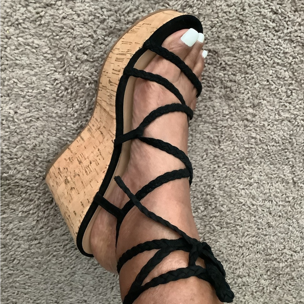 Sun + Stone Black Braided Wedge Sandals